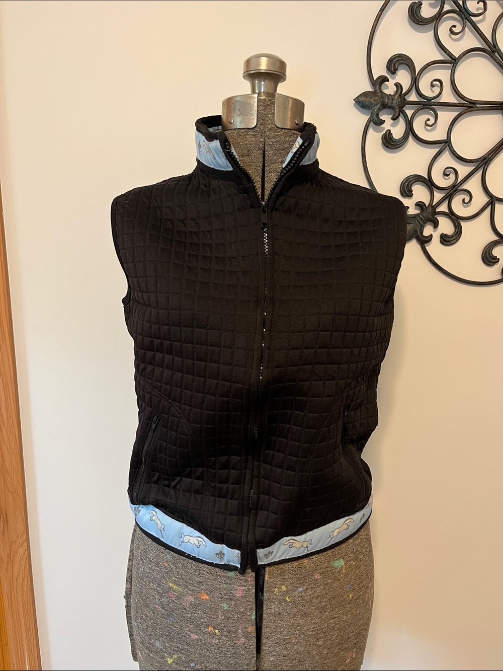 Equine Couture Vest with jumping horse motif details, quilted, black/blue, S